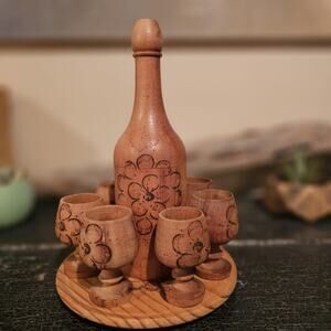Polish Pyrography Folk Art ArtDeco Decanter Set With Plate and 6 "Glasses"